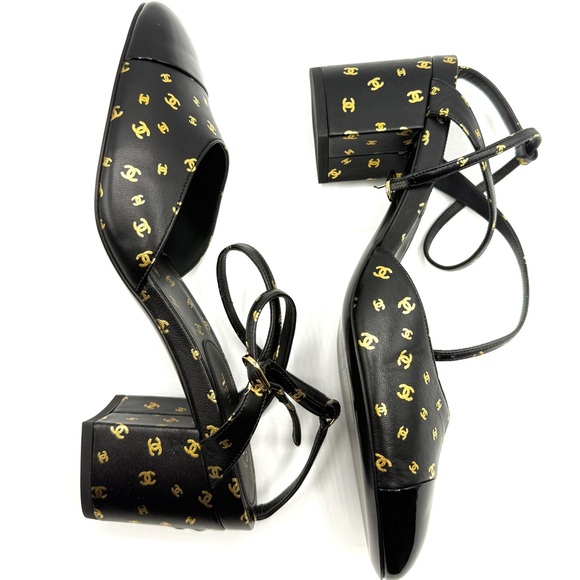 NEW Chanel CC Logo Mania Lambskin Calfskin Black Leather Slingback Platform Heel - Picture 5 of 12